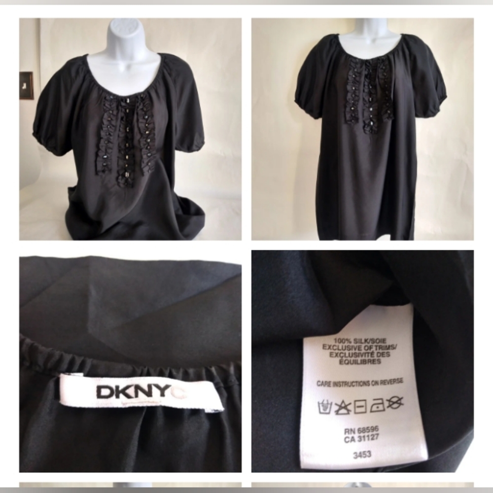 Women's DKNYC Blouse, black, Size Medium, 100% Silk, short cuff sleeves, beautif